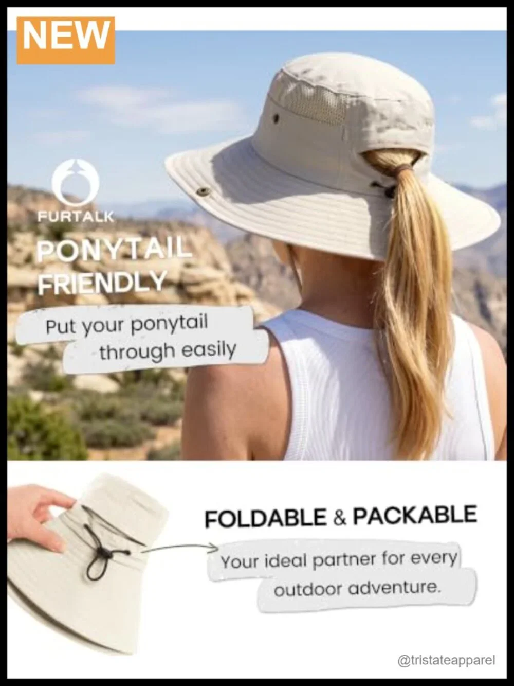 Women's UV Protection Wide Brim Ponytail Sun Hat with Chin Strap